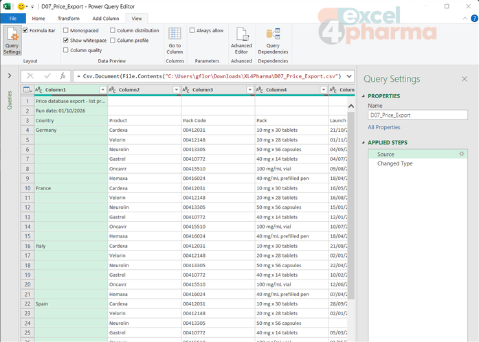 Two title rows sit above the real headers, and Excel has already guessed types: delete that Changed Type step first.