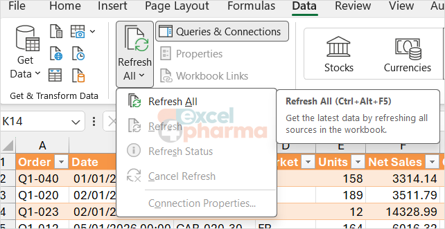 Refresh All (Ctrl+Alt+F5) reruns every query in the workbook on the current sources.