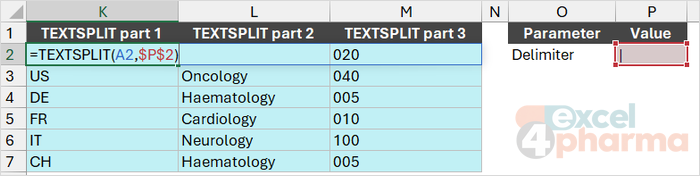 TEXTSPLIT in K2 spills the three parts of each code across K:M, one row per code.