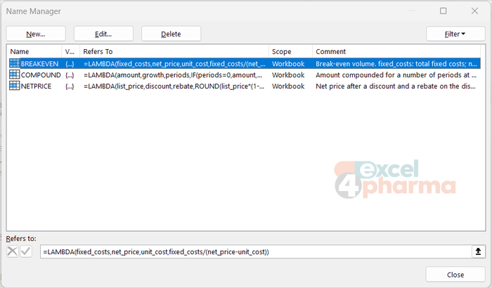 Three custom functions in the Name Manager, each with a comment that tells the next user what to pass.
