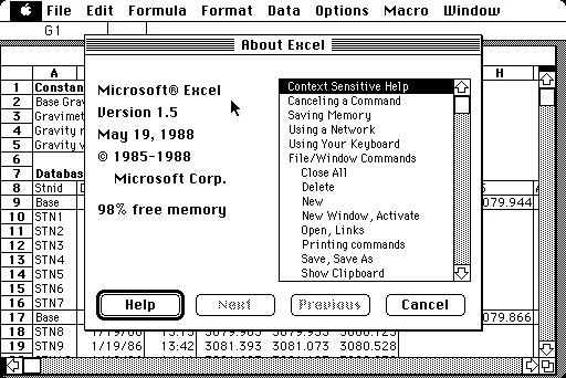 Excel 1.5 for the Macintosh, 1988: windows, fonts and a mouse, the ideas that set it apart from the spreadsheets of the time. Screenshot: Version Museum.
