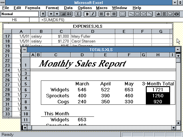Excel 3.0 for Windows: the toolbar under the menus, with the AutoSum button, arrived with this release in 1990. Screenshot: Version Museum.