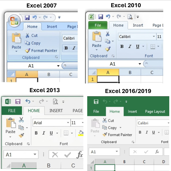 The Ribbon from Excel 2007 to Excel 2016/2019: the same tabs and groups, with a flatter look at every release.