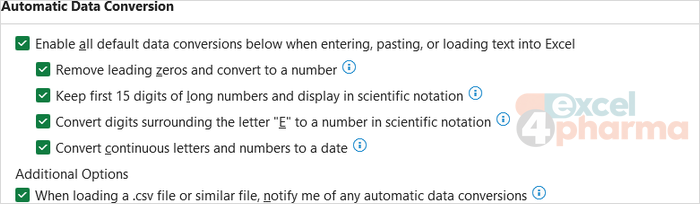 The Automatic Data Conversion options, added in 2023, let you keep gene names and long codes exactly as typed.