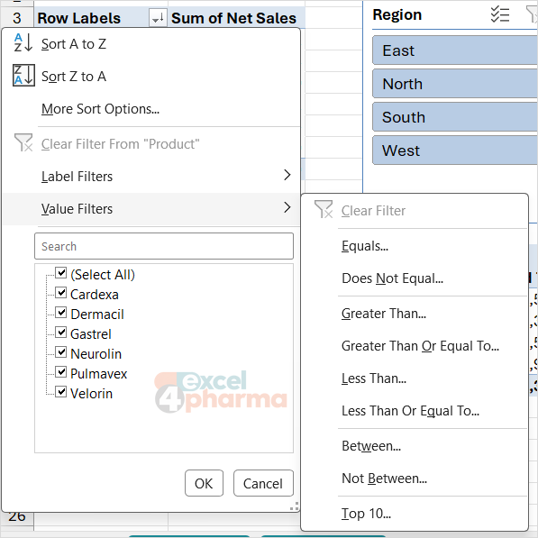 Value Filters on the Product field: Top 10 opens the choice of items, percent or sum.