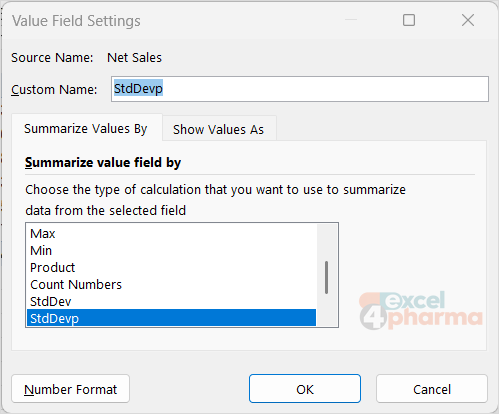 The Summarize Values By tab of Value Field Settings, with the list of functions from Sum to Varp.
