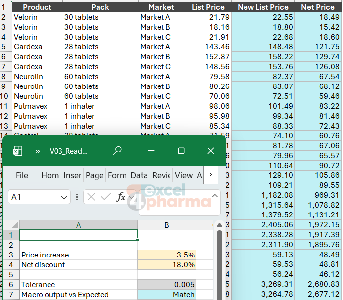 Prices computed with the array method: columns E and F filled in the Price List, and B7 on Inputs confirming they match the formulas.