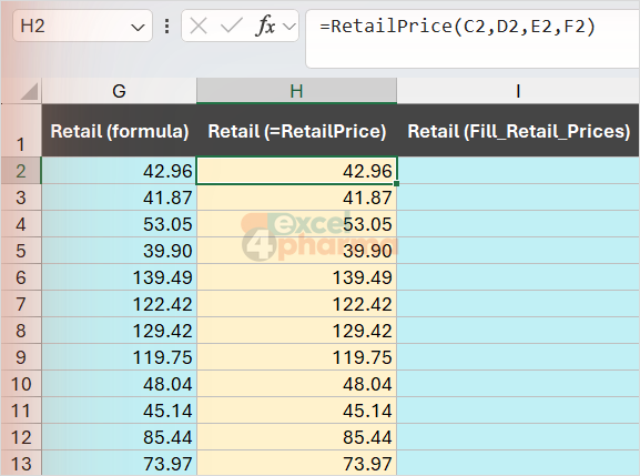 Column G is the native formula, column H the custom function: same numbers, but the price chain is now written once.
