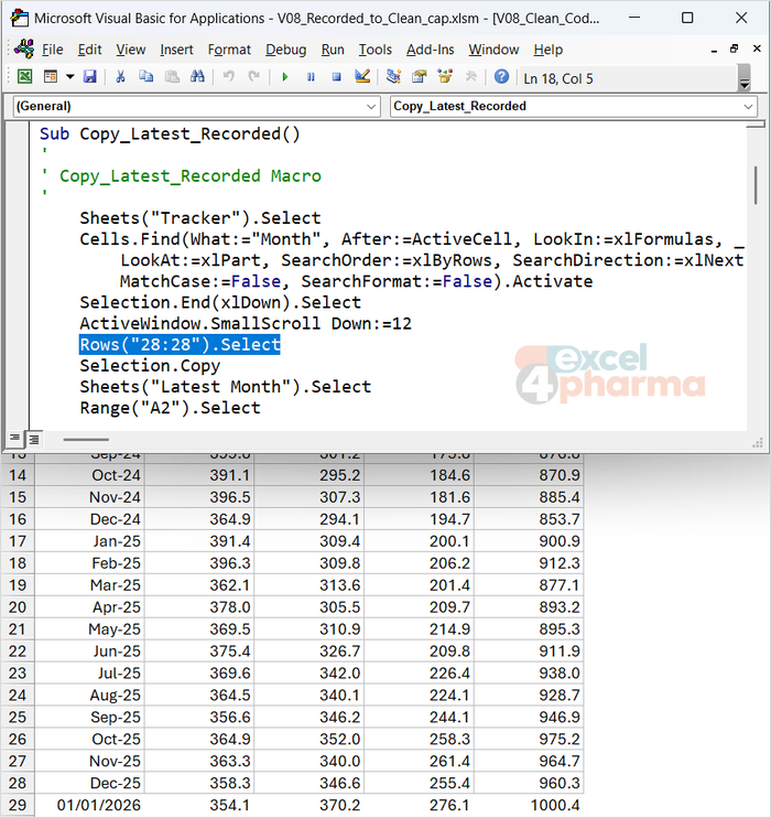Copy_Latest_Recorded still points at row 28, although Jan-26 now sits in row 29.