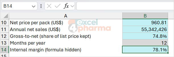 B14 shows the internal margin, but the formula bar stays empty: the formula is locked and hidden.