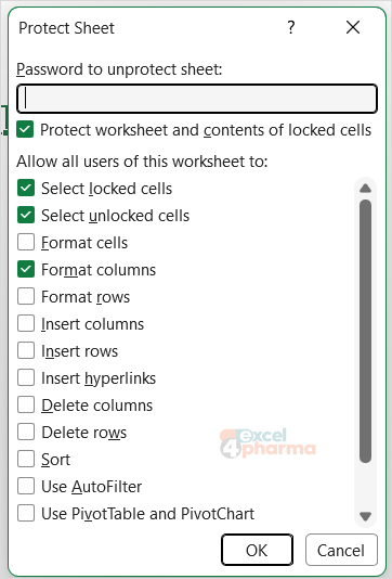 The Protect Sheet dialog: users may select cells and widen columns; the password is optional.