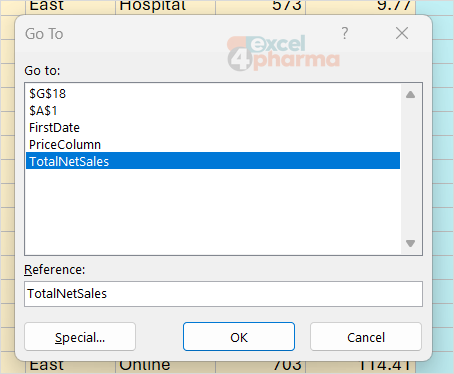 Type a name in Go To and Excel jumps to the total, however far down the sheet it sits.
