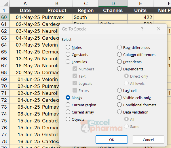Blanks, then OK: out of 240 rows, only the two empty Channel cells stay selected.